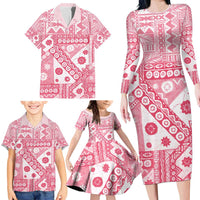 Pink Bula Fiji Family Matching Long Sleeve Bodycon Dress and Hawaiian Shirt Unique Masi Tapa Pattern LT14 - Polynesian Pride