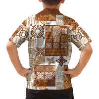 Hawaiian Quilt Family Matching Off Shoulder Long Sleeve Dress and Hawaiian Shirt Tiki Tropical Retro Brown Version LT14 - Polynesian Pride