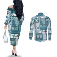 Hawaiian Quilt Couples Matching Off The Shoulder Long Sleeve Dress and Long Sleeve Button Shirt Tiki Tropical Retro Dark Cyan Version LT14 - Polynesian Pride