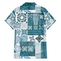 Hawaiian Quilt Family Matching Off Shoulder Short Dress and Hawaiian Shirt Tiki Tropical Retro Dark Cyan Version LT14 - Polynesian Pride