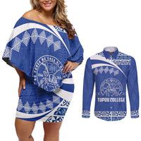Personalised Tonga Tupou College Toloa Couples Matching Off Shoulder Short Dress and Long Sleeve Button Shirt 160 Years Anniversary Tongan Ngatu Pattern LT14 Blue - Polynesian Pride