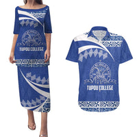 Personalised Tonga Tupou College Toloa Couples Matching Puletasi and Hawaiian Shirt 160 Years Anniversary Tongan Ngatu Pattern LT14 Blue - Polynesian Pride
