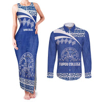 Personalised Tonga Tupou College Toloa Couples Matching Tank Maxi Dress and Long Sleeve Button Shirt 160 Years Anniversary Tongan Ngatu Pattern LT14 Blue - Polynesian Pride