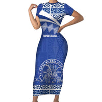 Personalised Tonga Tupou College Toloa Short Sleeve Bodycon Dress 160 Years Anniversary Tongan Ngatu Pattern LT14 Long Dress Blue - Polynesian Pride