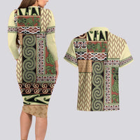 Beige Aotearoa Kowhaiwhai Pattern Couples Matching Long Sleeve Bodycon Dress and Hawaiian Shirt NZ Maori Quilt Style LT14 - Polynesian Pride