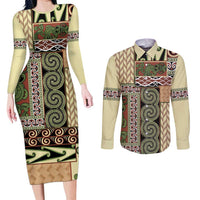 Beige Aotearoa Kowhaiwhai Pattern Couples Matching Long Sleeve Bodycon Dress and Long Sleeve Button Shirt NZ Maori Quilt Style LT14 Beige - Polynesian Pride