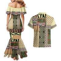 Beige Aotearoa Kowhaiwhai Pattern Couples Matching Mermaid Dress and Hawaiian Shirt NZ Maori Quilt Style LT14 - Polynesian Pride