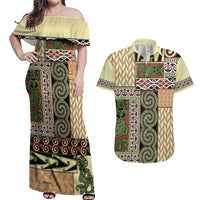 Beige Aotearoa Kowhaiwhai Pattern Couples Matching Off Shoulder Maxi Dress and Hawaiian Shirt NZ Maori Quilt Style LT14 Beige - Polynesian Pride