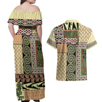 Beige Aotearoa Kowhaiwhai Pattern Couples Matching Off Shoulder Maxi Dress and Hawaiian Shirt NZ Maori Quilt Style LT14 - Polynesian Pride