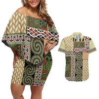 Beige Aotearoa Kowhaiwhai Pattern Couples Matching Off Shoulder Short Dress and Hawaiian Shirt NZ Maori Quilt Style LT14 Beige - Polynesian Pride