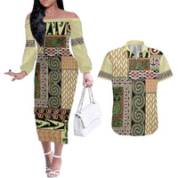 Beige Aotearoa Kowhaiwhai Pattern Couples Matching Off The Shoulder Long Sleeve Dress and Hawaiian Shirt NZ Maori Quilt Style LT14 Beige - Polynesian Pride