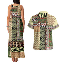 Beige Aotearoa Kowhaiwhai Pattern Couples Matching Tank Maxi Dress and Hawaiian Shirt NZ Maori Quilt Style LT14 - Polynesian Pride