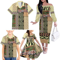 Beige Aotearoa Kowhaiwhai Pattern Family Matching Off The Shoulder Long Sleeve Dress and Hawaiian Shirt NZ Maori Quilt Style LT14 - Polynesian Pride