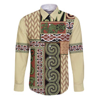 Beige Aotearoa Kowhaiwhai Pattern Family Matching Off The Shoulder Long Sleeve Dress and Hawaiian Shirt NZ Maori Quilt Style LT14 Dad's Shirt - Long Sleeve Beige - Polynesian Pride