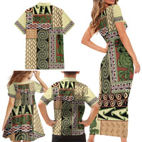 Beige Aotearoa Kowhaiwhai Pattern Family Matching Short Sleeve Bodycon Dress and Hawaiian Shirt NZ Maori Quilt Style LT14 - Polynesian Pride
