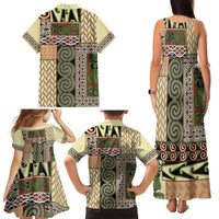 Beige Aotearoa Kowhaiwhai Pattern Family Matching Tank Maxi Dress and Hawaiian Shirt NZ Maori Quilt Style LT14 - Polynesian Pride