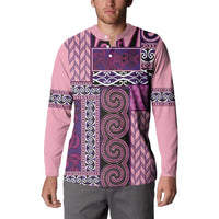 Pink Aotearoa Kowhaiwhai Pattern Button Sweatshirt NZ Maori Quilt Style