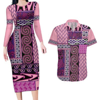 Pink Aotearoa Kowhaiwhai Pattern Couples Matching Long Sleeve Bodycon Dress and Hawaiian Shirt NZ Maori Quilt Style LT14 Pink - Polynesian Pride