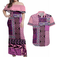 Pink Aotearoa Kowhaiwhai Pattern Couples Matching Off Shoulder Maxi Dress and Hawaiian Shirt NZ Maori Quilt Style LT14 Pink - Polynesian Pride