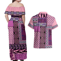 Pink Aotearoa Kowhaiwhai Pattern Couples Matching Off Shoulder Maxi Dress and Hawaiian Shirt NZ Maori Quilt Style LT14 - Polynesian Pride