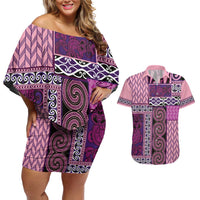 Pink Aotearoa Kowhaiwhai Pattern Couples Matching Off Shoulder Short Dress and Hawaiian Shirt NZ Maori Quilt Style LT14 Pink - Polynesian Pride