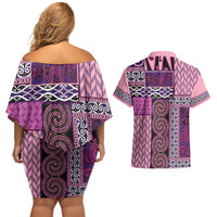 Pink Aotearoa Kowhaiwhai Pattern Couples Matching Off Shoulder Short Dress and Hawaiian Shirt NZ Maori Quilt Style LT14 - Polynesian Pride