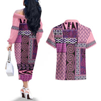 Pink Aotearoa Kowhaiwhai Pattern Couples Matching Off The Shoulder Long Sleeve Dress and Hawaiian Shirt NZ Maori Quilt Style LT14 - Polynesian Pride
