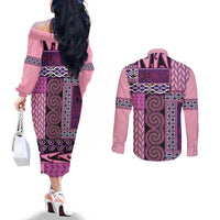 Pink Aotearoa Kowhaiwhai Pattern Couples Matching Off The Shoulder Long Sleeve Dress and Long Sleeve Button Shirt NZ Maori Quilt Style LT14 - Polynesian Pride