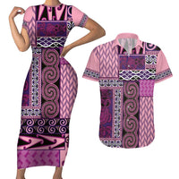 Pink Aotearoa Kowhaiwhai Pattern Couples Matching Short Sleeve Bodycon Dress and Hawaiian Shirt NZ Maori Quilt Style LT14 Pink - Polynesian Pride