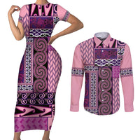 Pink Aotearoa Kowhaiwhai Pattern Couples Matching Short Sleeve Bodycon Dress and Long Sleeve Button Shirt NZ Maori Quilt Style LT14 Pink - Polynesian Pride