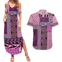 Pink Aotearoa Kowhaiwhai Pattern Couples Matching Summer Maxi Dress and Hawaiian Shirt NZ Maori Quilt Style LT14 Pink - Polynesian Pride