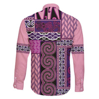 Pink Aotearoa Kowhaiwhai Pattern Family Matching Off The Shoulder Long Sleeve Dress and Hawaiian Shirt NZ Maori Quilt Style LT14 - Polynesian Pride