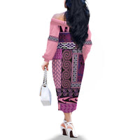 Pink Aotearoa Kowhaiwhai Pattern Family Matching Off The Shoulder Long Sleeve Dress and Hawaiian Shirt NZ Maori Quilt Style LT14 - Polynesian Pride