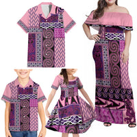 Pink Aotearoa Kowhaiwhai Pattern Family Matching Off Shoulder Maxi Dress and Hawaiian Shirt NZ Maori Quilt Style LT14 - Polynesian Pride