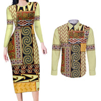 Yellow Aotearoa Kowhaiwhai Pattern Couples Matching Long Sleeve Bodycon Dress and Long Sleeve Button Shirt NZ Maori Quilt Style LT14 Yellow - Polynesian Pride