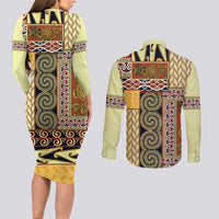 Yellow Aotearoa Kowhaiwhai Pattern Couples Matching Long Sleeve Bodycon Dress and Long Sleeve Button Shirt NZ Maori Quilt Style LT14 - Polynesian Pride