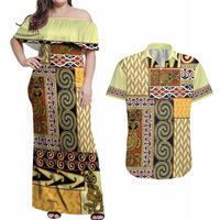 Yellow Aotearoa Kowhaiwhai Pattern Couples Matching Off Shoulder Maxi Dress and Hawaiian Shirt NZ Maori Quilt Style LT14 Yellow - Polynesian Pride