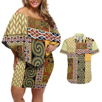 Yellow Aotearoa Kowhaiwhai Pattern Couples Matching Off Shoulder Short Dress and Hawaiian Shirt NZ Maori Quilt Style LT14 Yellow - Polynesian Pride