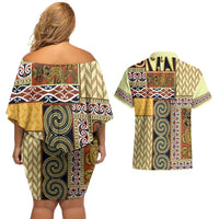 Yellow Aotearoa Kowhaiwhai Pattern Couples Matching Off Shoulder Short Dress and Hawaiian Shirt NZ Maori Quilt Style LT14 - Polynesian Pride