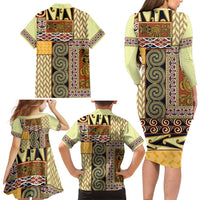 Yellow Aotearoa Kowhaiwhai Pattern Family Matching Long Sleeve Bodycon Dress and Hawaiian Shirt NZ Maori Quilt Style LT14 - Polynesian Pride
