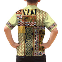 Yellow Aotearoa Kowhaiwhai Pattern Family Matching Off Shoulder Maxi Dress and Hawaiian Shirt NZ Maori Quilt Style LT14 - Polynesian Pride