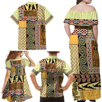 Yellow Aotearoa Kowhaiwhai Pattern Family Matching Off Shoulder Maxi Dress and Hawaiian Shirt NZ Maori Quilt Style LT14 - Polynesian Pride