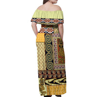 Yellow Aotearoa Kowhaiwhai Pattern Family Matching Off Shoulder Maxi Dress and Hawaiian Shirt NZ Maori Quilt Style LT14 - Polynesian Pride