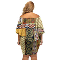 Yellow Aotearoa Kowhaiwhai Pattern Family Matching Off Shoulder Short Dress and Hawaiian Shirt NZ Maori Quilt Style LT14 - Polynesian Pride