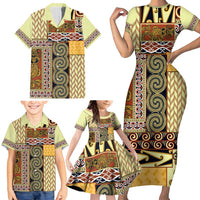 Yellow Aotearoa Kowhaiwhai Pattern Family Matching Short Sleeve Bodycon Dress and Hawaiian Shirt NZ Maori Quilt Style LT14 - Polynesian Pride