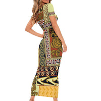 Yellow Aotearoa Kowhaiwhai Pattern Family Matching Short Sleeve Bodycon Dress and Hawaiian Shirt NZ Maori Quilt Style LT14 - Polynesian Pride