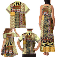 Yellow Aotearoa Kowhaiwhai Pattern Family Matching Tank Maxi Dress and Hawaiian Shirt NZ Maori Quilt Style LT14 - Polynesian Pride