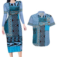 Blue Aotearoa Kowhaiwhai Pattern Couples Matching Long Sleeve Bodycon Dress and Hawaiian Shirt NZ Maori Quilt Style LT14 Blue - Polynesian Pride