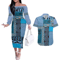 Blue Aotearoa Kowhaiwhai Pattern Couples Matching Off The Shoulder Long Sleeve Dress and Hawaiian Shirt NZ Maori Quilt Style LT14 Blue - Polynesian Pride