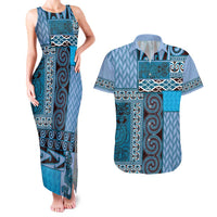 Blue Aotearoa Kowhaiwhai Pattern Couples Matching Tank Maxi Dress and Hawaiian Shirt NZ Maori Quilt Style LT14 Blue - Polynesian Pride